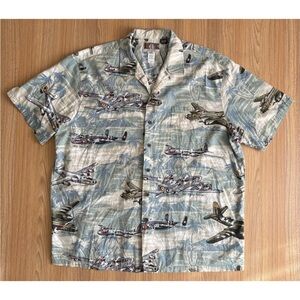 Kalaheo Hawaiian Camp Shirt Bomber Planes Mens 2XL Blue WW2 B17 Made in USA Vtg